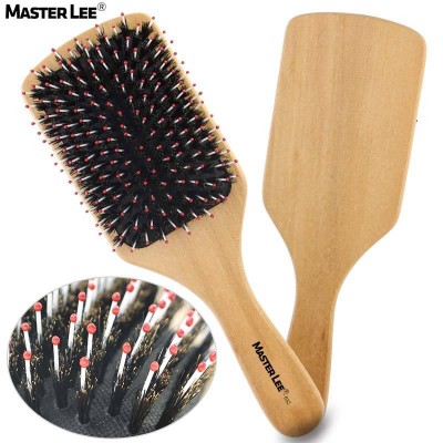 Masterlee custom logo Natural Wooden Boar Bristle Paddle Hair Brush for Curly Hair